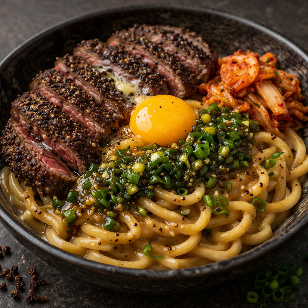 Sichuan Steak with Miso Udon & Spring Onion Sauce